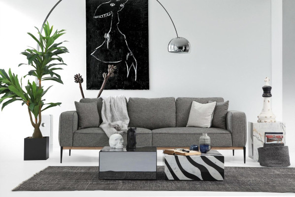 Divano a due posti con poltrona in stoffa grigia design moderno