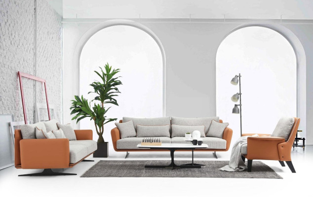 Completo divano set divano 3 posti in tessuto arancione