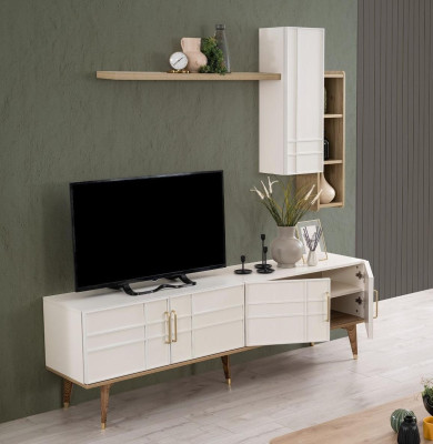 Mobile TV bianco in legno per soggiorno con ripiani.