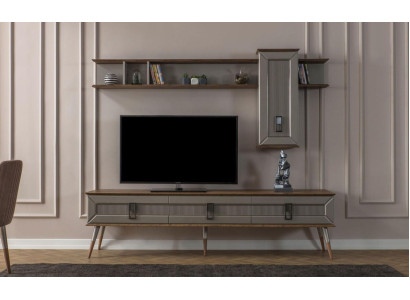 Arredamento di design per il soggiorno, supporto TV in legno, scaffali, tavolino, RTV nuovo.
