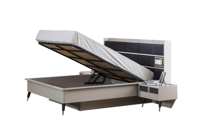 Gruppo camera da letto grigio-bianco, letto matrimoniale con 2 comodini, set completo 3 pezzi