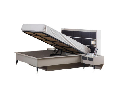 Gruppo camera da letto grigio-bianco, letto matrimoniale con 2 comodini, set completo 3 pezzi