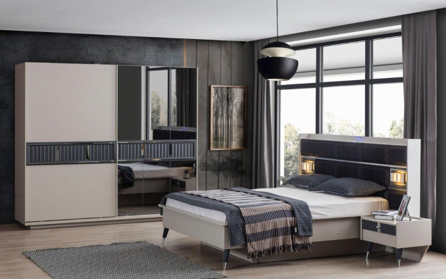 Gruppo camera da letto grigio-bianco, letto matrimoniale con 2 comodini, set completo 3 pezzi