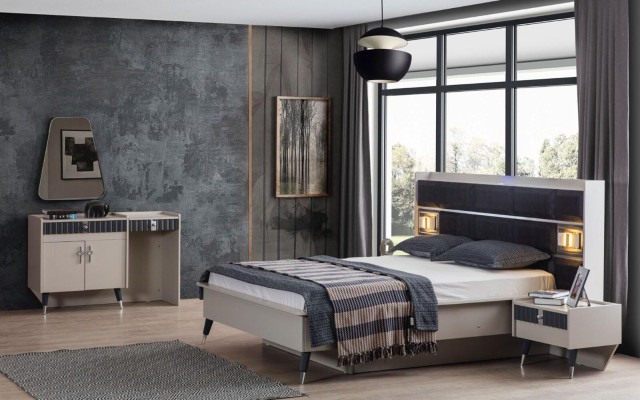 Gruppo camera da letto grigio-bianco, letto matrimoniale con 2 comodini, set completo 3 pezzi