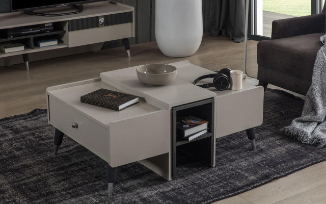 Set da soggiorno designer: supporto TV, mensole in legno di lusso, tavolino da caffè 3 pezzi.