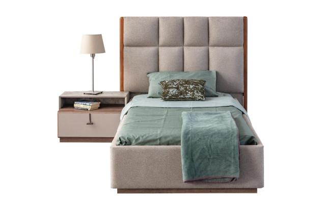 Beige set per stanza dei bambini con designer letto singolo in legno e comodino set di 2 pezzi.