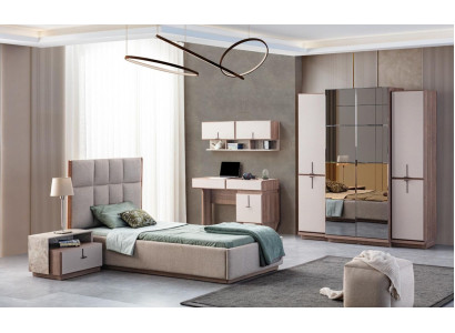 Beige set per stanza dei bambini con designer letto singolo in legno e comodino set di 2 pezzi.