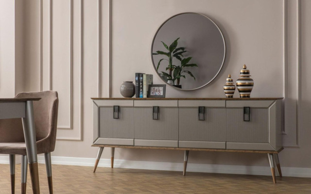 Robusta credenza, credenza design di lusso, armadio a specchio rotondo, 2 pezzi.