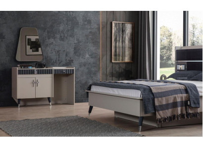 Tavolo per il trucco beige in legno con specchio, tavolo da trucco di design con console a 2 pezzi.