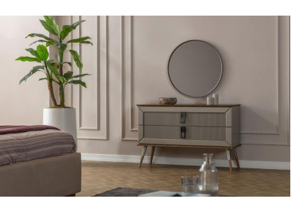 Comò design marrone, specchio tondo di lusso, set di tavoli da toeletta 2 pezzi.