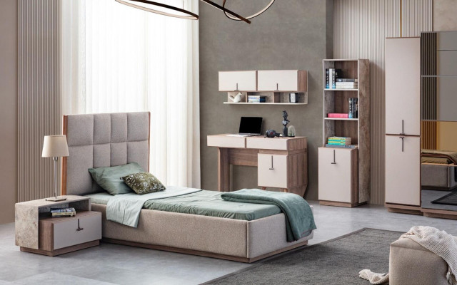 Moderno scaffale per libri, mensola designer beige, libreria da ufficio.