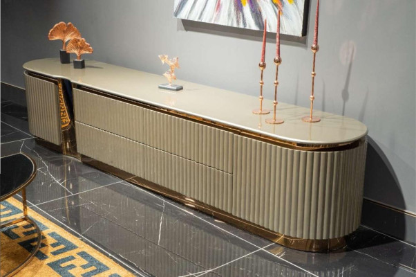 Mobile porta TV basso Beige in legno Design tavolo salotto.