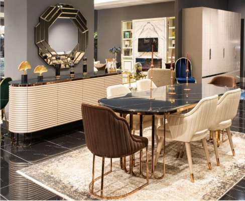 Gruppo da pranzo angolo cottura tavolo sedie beige set 9 pezzi lusso sala da pranzo in legno