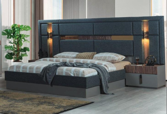 Letto matrimoniale grigio scuro con comodini in legno di design, set da camera da letto.