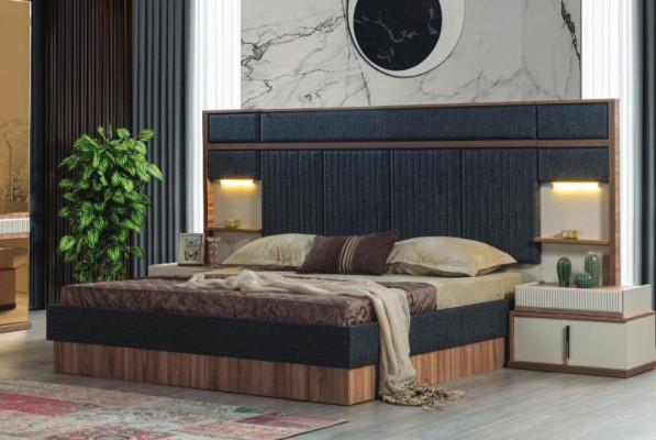 Set camera da letto moderna con letto matrimoniale in legno e comodini in tessuto