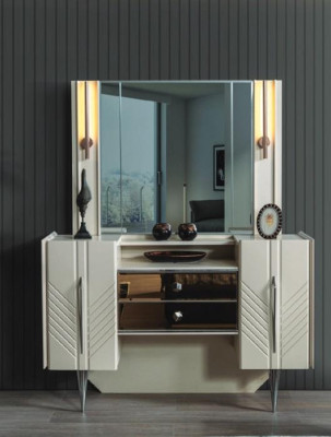 Set da camera da letto bianco di lusso con specchiera e tavolino da trucco, design a 2 pezzi.