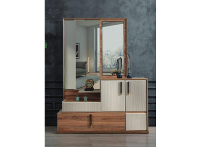 Mobile per camera da letto con specchio bianco-marrone in legno, set di mobili da design.