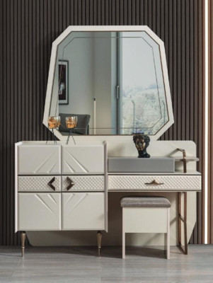 Bianca set da camera da letto con tavolino trucco di lusso con sgabello imbottito