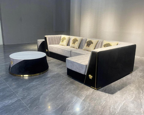 Gruppo salotto grigio per il soggiorno divano angolare tavolino da caffè tavolino in acciaio inossidabile