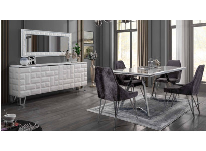 Set da pranzo con tavolo da pranzo, 4 sedie, cassettiera con specchio. Set moderno grigio.