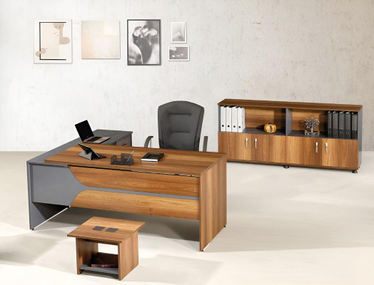 Composizione da ufficio Tavolo d'angolo Mobile per ufficio Armadio 3 pezzi Legno Marrone