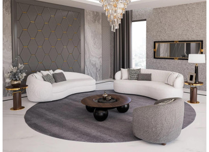 Set di divani completo 6 pezzi: 2 divani a tre posti, poltrona design in legno, tavolino da caffè.