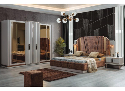 Set da camera da letto esclusivo con letto matrimoniale, 2 comodini e armadio.