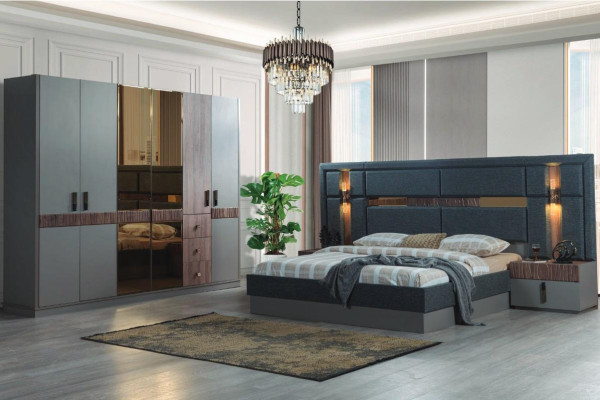 Camera da letto grigia Set completo Letto 2 comodini Guardaroba