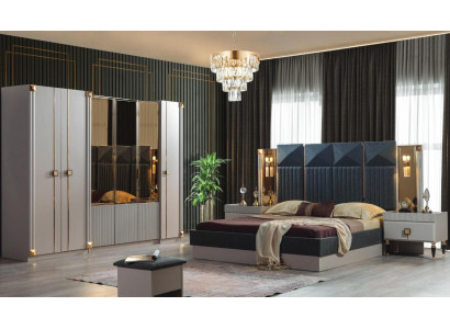 Mobili da camera da letto di lusso - Letto matrimoniale imbottito in legno con comodini e armadio.