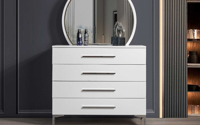 Elegante set da camera da letto Letto matrimoniale grigio Comodini in legno 5 pezzi