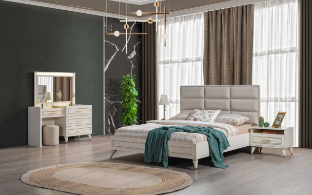 Grande set camera da letto con letto matrimoniale, toeletta, sgabello, specchio - 6 pezzi.