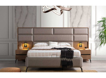 Camera da letto grigia esclusiva con letto matrimoniale e 2 comodini, set 3 pezzi