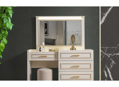 Mobili da camera da letto di alta qualità, specchiera bianca per il trucco con sgabello imbottito, set da 3 pezzi.