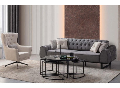 Grigio Chesterfield a tre posti, lussuoso set di 2 poltrone Imbottito bianco.