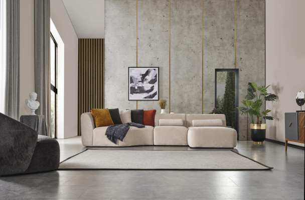 Divano a L design con struttura in legno e rivestimento in tessuto, mobili bianchi nuovi