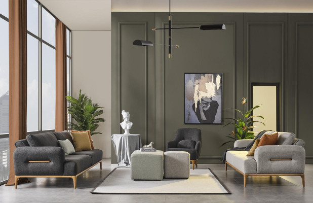 Sofà 4 posti 2 pouf Set completo Composizione per soggiorno 4 pezzi