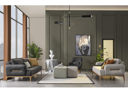 Set divano 3 posti 2x pouf 4 pezzi. Soggiorno moderno grigio nuovo