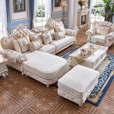 Divano d'angolo a L con poltrona, puff, divano in legno con tessuto stile barocco rococò