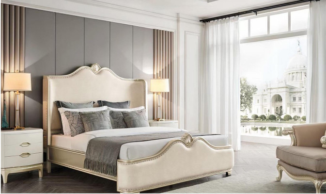 Letto 2x Comodini 3 pezzi. Camera da letto Beige Design di lusso Mobili Letti in legno