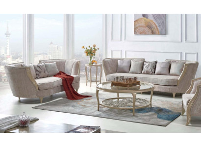 Esclusivo set divano beige 3+2 posti in tessuto di design a 2 pezzi.