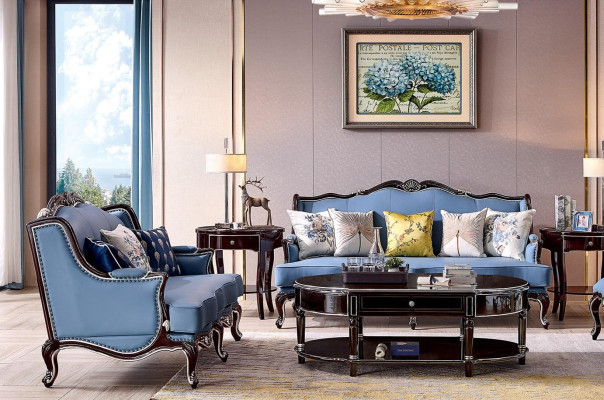 Divano Chesterfield classico 3+2 posti in tessuto blu.