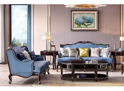 Divano Chesterfield classico 3+2 posti in tessuto blu.
