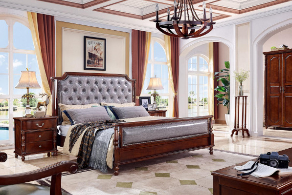 Letto matrimoniale di lusso in legno con telaio imbottito per camera da letto nuovo.