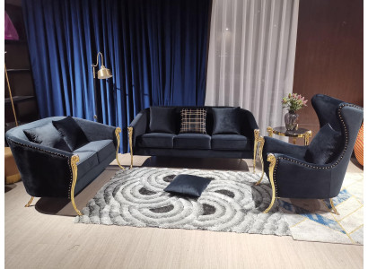 Poltrona imbottita di lusso 3 + 2 + 1 posti in velluto nero con gambe dorate.