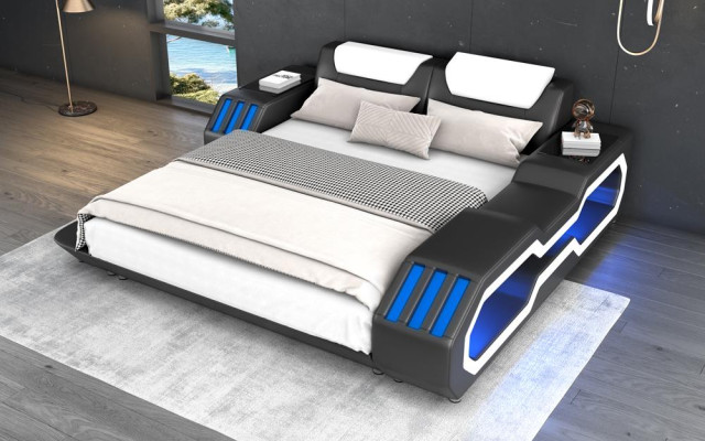 Letti in pelle di lusso con illuminazione, letto luminoso in pelle 180x200, mobili