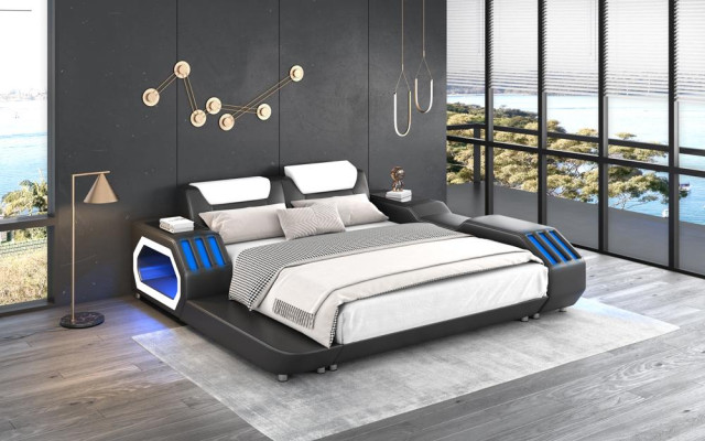 Letti in pelle di lusso con illuminazione, letto luminoso in pelle 180x200, mobili