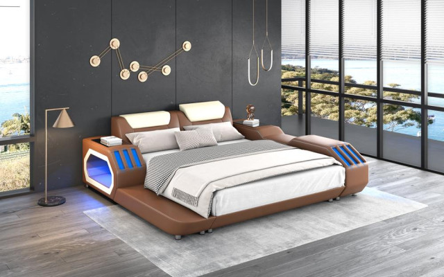 Letti in pelle di lusso con illuminazione, letto luminoso in pelle 180x200, mobili