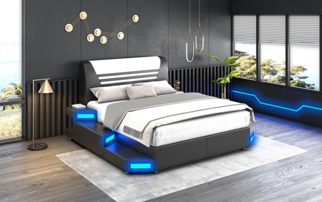 Lussuoso letto matrimoniale in pelle illuminato a LED 180x200 letto in pelle mobili letto.