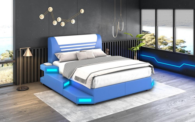 Lussuoso letto matrimoniale in pelle illuminato a LED 180x200 letto in pelle mobili letto.