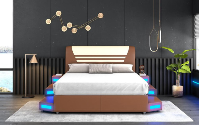 Lussuoso letto matrimoniale in pelle illuminato a LED 180x200 letto in pelle mobili letto.